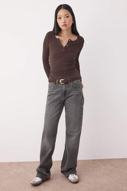 Ac?k Kahverengi C?tc?tl? Fitted/Vucuda Oturan Fitilli Esnek Orme Bluz TWOAW25BZ00080