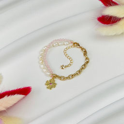 Браслет из Розового кварца и Жемчуга с цепочкой 15,5 см +