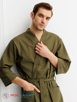 Мужской укороченный вафельный халат с планкой хаки В-05 (26)