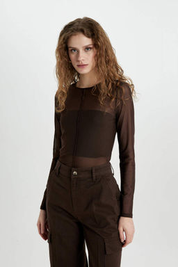 Повседневная футболка из тюля с длинными рукавами и круглым вырезом Slim Fit