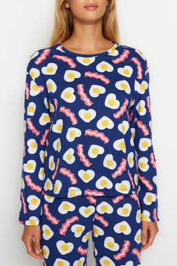 Lacivert %100 Pamuklu Kahvalt? Desenli Tshirt-Pantolon Orme Pijama Tak?m? THMAW24PT00102