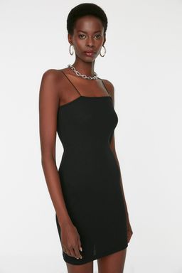 Siyah Bodycone/Vucuda Oturan Kare Yaka Mini Esnek Orme Kalem Elbise TWOSS21EL2327