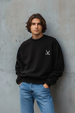 Siyah Oversize/Geni_ Kesim Uzun Kol Hayvan Nak__l_ Sweatshirt TMNAW24SW00164 - Trendyolmilla фото 2