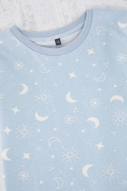 Mavi K?z Cocuk %100 Pamuk Bask?l? Oversize Family Pack/Aile K?sa Kol Pijama Tak?m? TKDSS25PT00030 - Trendyolmilla фото 3