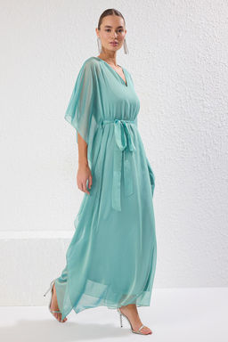 TRENDYOLMILLA Mint V Yaka Sifon Dokuma Maxi S?k Abiye Elbise TPRSS25AE00044  фото 3
