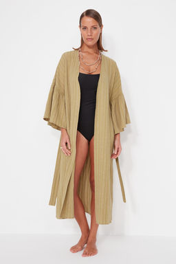 Haki Kusakl? Maxi Dokuma Volanl? Keten Kar?s?ml? Plaj Kimono&Kaftan TBESS23KM00028