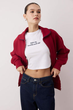 Bordo Polo Yaka Biyeli Oversize/Genis Kal?p Orme Sweatshirt TWOAW26SW00195 - Trendyolmilla фото 2