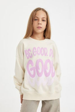 K?z Cocuk Oversize Genis Kal?p Bisiklet Yaka Bask?l? Sweatshirt