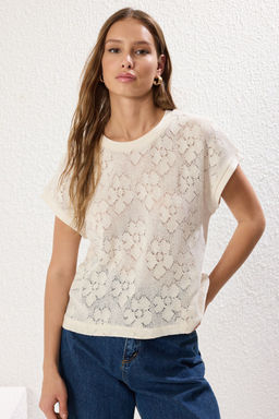 Ekru Jakarl? Regular/Normal Kal?p Buzgu/Drape Detayl? Esnek Orme Bluz TWOSS25BZ00155