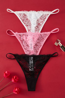 TRENDYOLMILLA Siyah-Pembe-Beyaz 3lu Paket Dantel Tanga Orme Kulot THMSS25KU00006