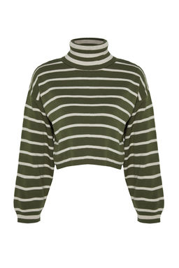 TRENDYOLMILLA Haki Cizgili Crop Triko Kazak TWOAW24KZ00627