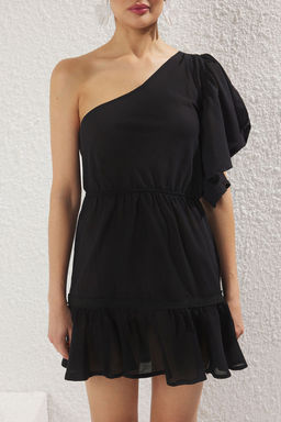 Siyah Dokuma Volanl? %100 Pamuk Tek Omuz Plaj Mini Elbise TBESS25EL00073