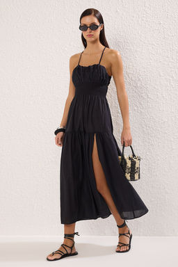 Trendyolmilla Siyah Oversize Maxi Dokuma 100% Pamuk Plaj Elbise TBESS25EL00125