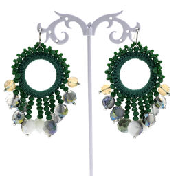 Серьги ручной работы с цирконами в оплетении цв.зеленый темный