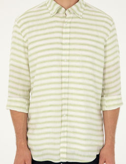 Ye_il Keten Kar___ml_ Slim Fit Uzun Kollu G_mlek
