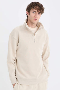 Relax Fit Dik Yaka Fermuarl? Basic Duz Kal?n Sweatshirt - Defacto фото 4