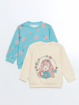 Bisiklet Yaka Bask?l? K?z ?ocuk Sweatshirt 2li