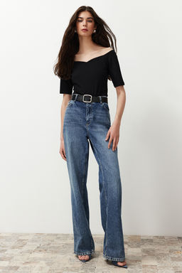 Siyah Kalp Yaka K?sa Kollu Regular/Normal Kal?p Orme Bluz TWOSS24BZ00561 - Trendyolmilla фото 3