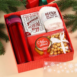 Подарочный набор новогодний С Новым годом, чай 50 г, крем-мед 120 г, носки 36-39 р, термос 500 мл, арахис в глазури 100 г