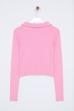 Pembe Dugme Detayl? Vucuda Oturan Crop Polo Yaka Fitilli Esnek Orme Bluz TWOAW22BZ0522