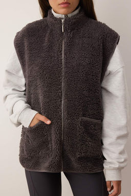 Antrasit Oversize/Genis Kal?p Cep Detayl? Fermuarl? Pelus Kolsuz Orme Yelek TWOAW26YE00021