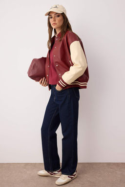 Bordo-Krem Oversize Kal?p Suni Deri Kolej Bomber Ceket Mont TWOAW26MO00006 - Trendyolmilla фото 2