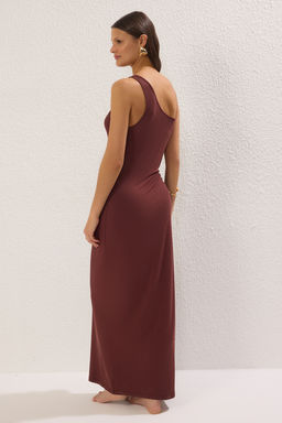 Koyu Kahverengi Orme Y?rtmacl? Tek Omuz Maxi Plaj Elbise TBESS22EL0706 - Trendyolmilla фото 3