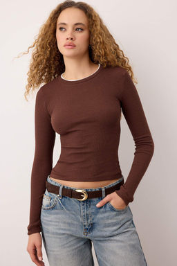 Kahverengi Cift Katl? Bisiklet Yaka Fitilli Esnek Orme Bluz TWOAW26BZ00067