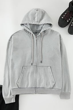 TRENDYOL MAN Gri Oversize/Genis Kesim Fermuarl? Crop/K?sa Kapusonlu Sweatshirt TMNAW25SW00171 - Trendyolmilla фото 6