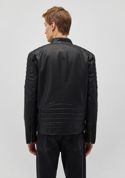Siyah Suni Deri Ceket - Mavi фото 4
