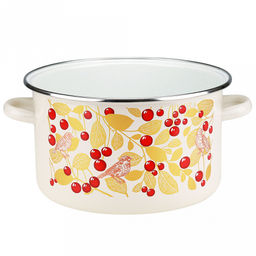 "Птички и вишня" Кастрюля эмалированная 4л, цилиндрическая форма, металлическая крышка, ободок из нержавеющей стали, бисквит (Россия)