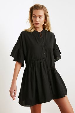 TRENDYOLMILLA Siyah Dokuma Flaml? Pamuk Genis Kal?p Mini Plaj Elbisesi TBESS20EL0873  фото 9