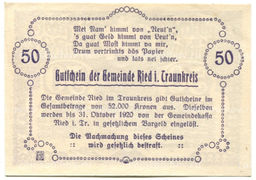 Банкнота 50 геллеров 1920 года Австрия  Рид-им-Траункрайс (нотгельд)