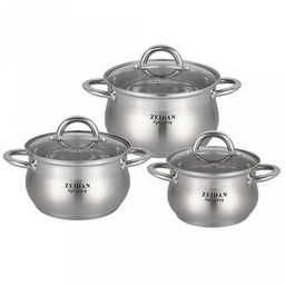 "Zeidan" Набор кастрюль из нержавеющей стали 3 штуки: 2,1л д16x10,5см; 3,0л д18x11,5см, 4,0л д20x12,5см, стеклянные крышки, 5-ти степовое капсулированное дно, мерная шкала, подарочная коробка (Китай) Подходит для всех видов плит, включая индукционную