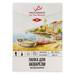 VISTA-ARTISTA PWG-A310 Папка с бумагой для акварели 100% целлюлоза 200 г/м2 A3 42 х 30 см папка 10 л. Лодочки гознак тисненая