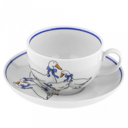 Чашка чайная фарфоровая Гуси 210мл, д8,5см, h6см, форма Янтарь, с блюдцем д14см, отводка краской (Россия)