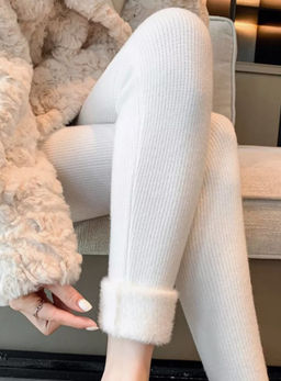 K13197 Легинсы в рубчик МЕХ (вязаный трикотаж) БЕЛЫЙ