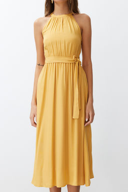 TRENDYOLMILLA Ac?k Kahverengi Kusakl? Duz Beli lastikli Kusakl? Midi Dokuma Elbise TWOSS19EL0155  фото 5