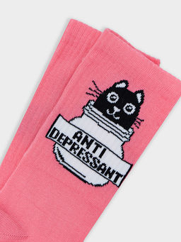 Цена за 5 пар! Носки женские лиловые с рисунком в виде котика и надписью Антидепресант - Mark formelle фото 4