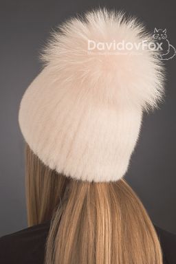 Шапка Лыжница норка орнамент розовый жемчуг