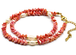 Чокер из циркона с жемчугом цв.коралловый, 41см