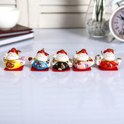 Сувенир керамика Манэки-нэко в головном уборе, на коврике набор 5 шт 4,2х5,2х3,5 см