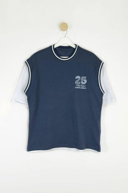 TRENDYOL MAN Indigo Oversize/Genis Kesim Kol Detayl? Bask?l? Kal?n %100 Pamuk T-Shirt TMNSS25TS00017 - Trendyolmilla фото 6