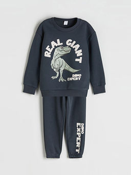Bisiklet Yaka Dinozor Bask?l? Erkek ?ocuk Sweatshirt ve E?ofman Alt? 2li Tak?m