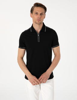 Siyah Slim Fit %100 Pamuk Polo Yaka Merserize Ti__rt