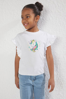 Ekru K?z Cocuk %100 Pamuk Unicorn Bask?l? Regular Kal?p F?rf?rl? Kolsuz Orme T-Shirt TKDSS25TS00034