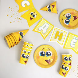 Набор бумажной посуды Смайлы с улыбкой, 6 тарелок , 1 гирлянда , 6 стаканов, 6 колпаков - Страна карнавалия фото 2