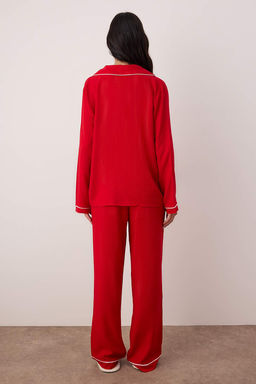 Bordo Kalp Nak?sl? Biyeli Viskon Dokuma Pijama Tak?m? THMAW25PT00179