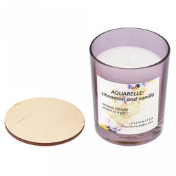 Свеча "Aquarelle" д7,5см, h9см, ароматизированная, парафин, в стеклянном стакане с деревянной крышкой, окрашенный, время горения 36 часов, "Wood and Vanilla" (Россия)