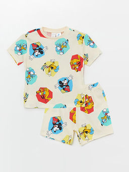 Bisiklet Yaka Mickey Mouse Bask?l? Erkek Bebek ?ortlu Pijama Tak?m?